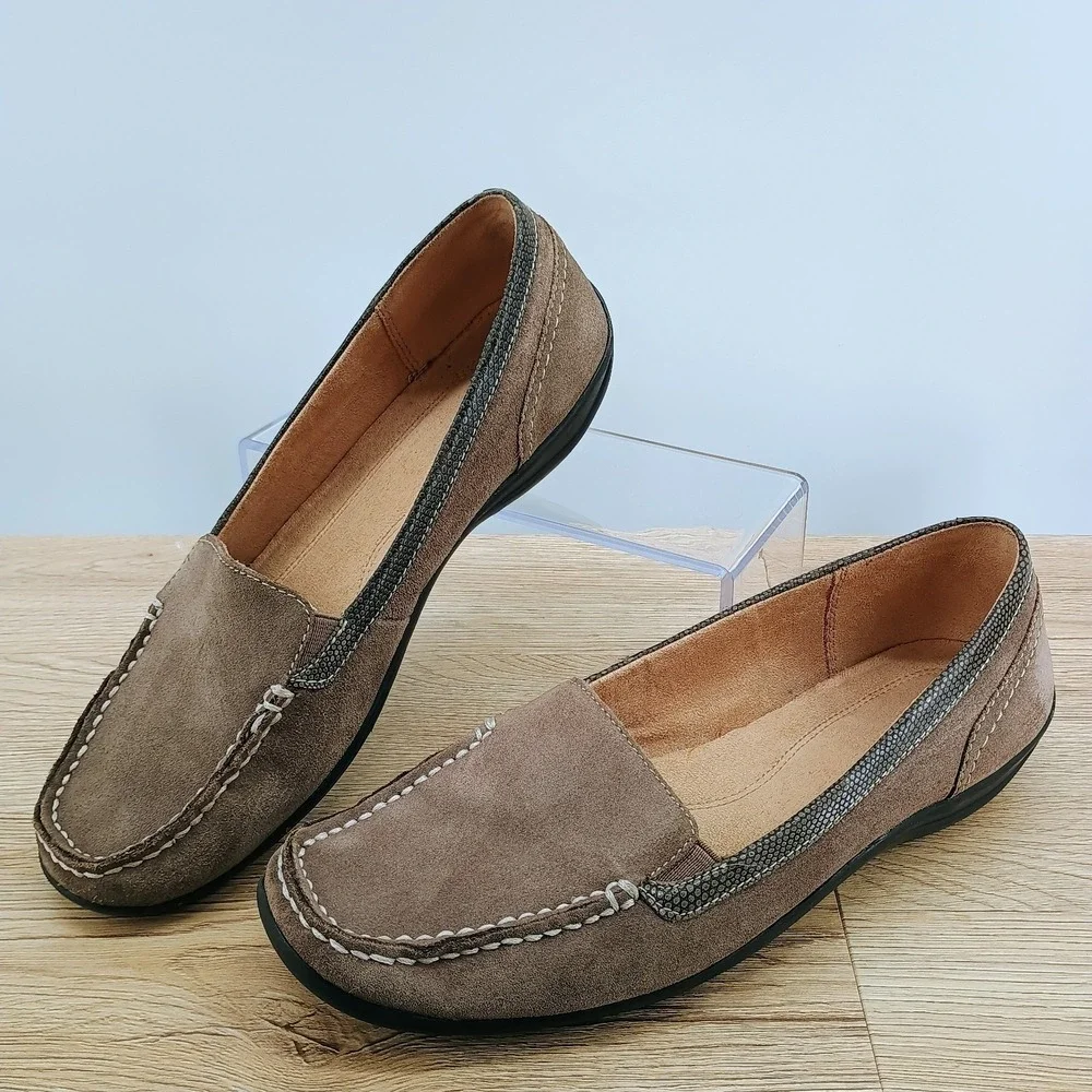 Naturalizer Womens 8.5 Taupe Leather Slip On Loafer Casual Walking Shoes
